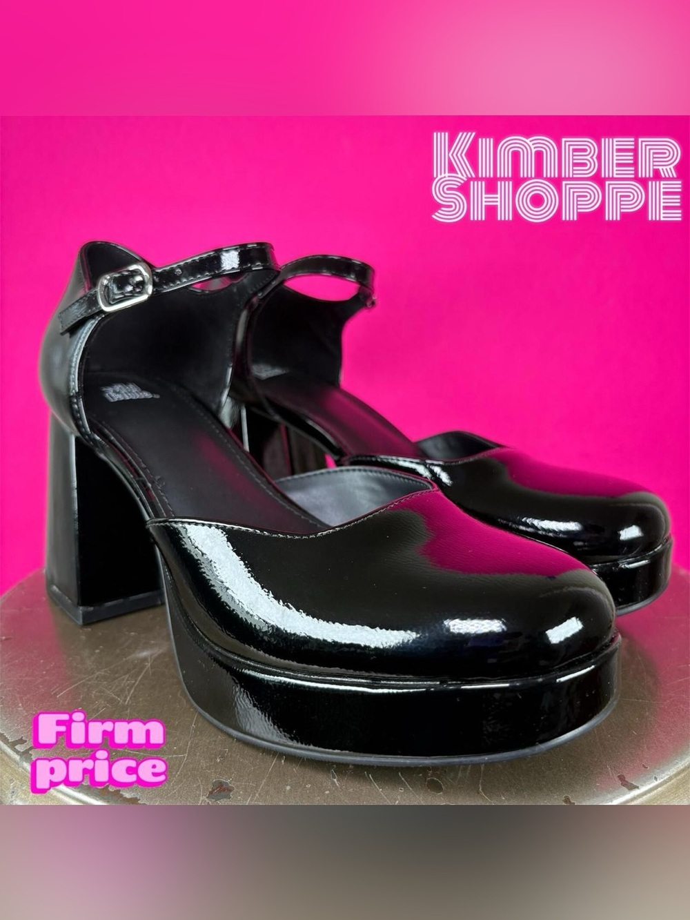Wild Fable Darcy Black Patent Platform Chunky Heel Ankle Strap Pump US 7 UK 5